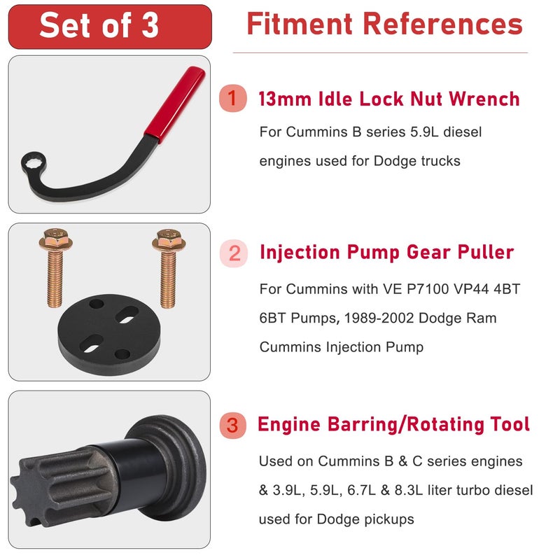 Camoo 13mm Injection Pump Idle Lock Nut Wrench & Engine Barring Tool & Injection Pump Gear Puller For Cummins 5.9L B/C Series, for Dodge Ram VE P7100 VP44 1989-2002 (3 Sets) - Image 2